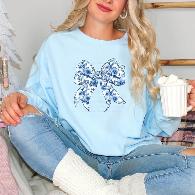 Blue floral & white Bow tee