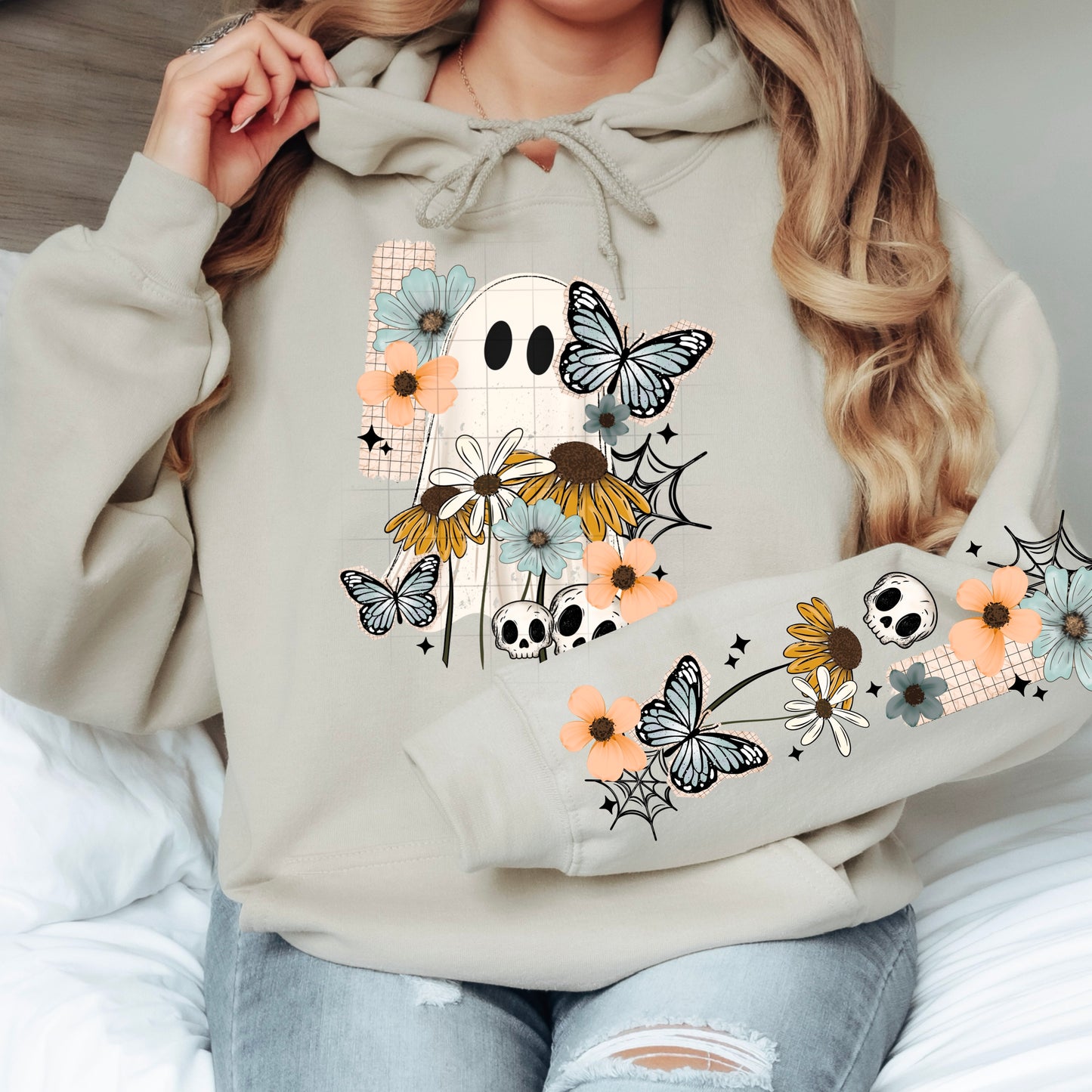 Blue Floral Ghost sweatshirt with sleeve designs