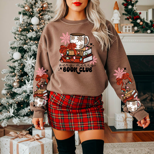 Merry Book Club red sweatshirt with sleeve designs