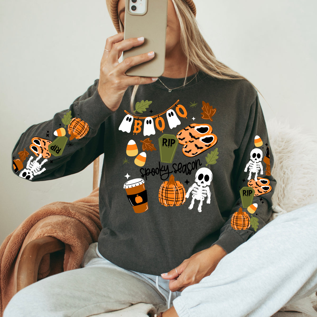 Spooky Season Things sweatshirt with sleeve designs