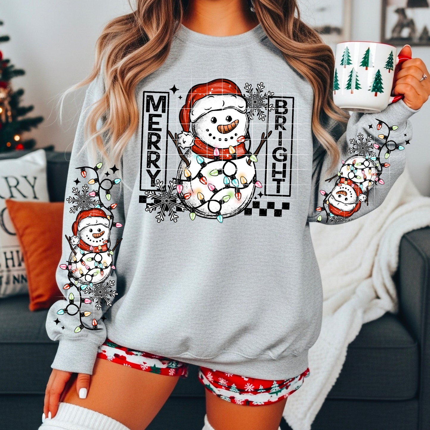 Merry & Bright Snowman with lights sweatshirt with sleeve designs
