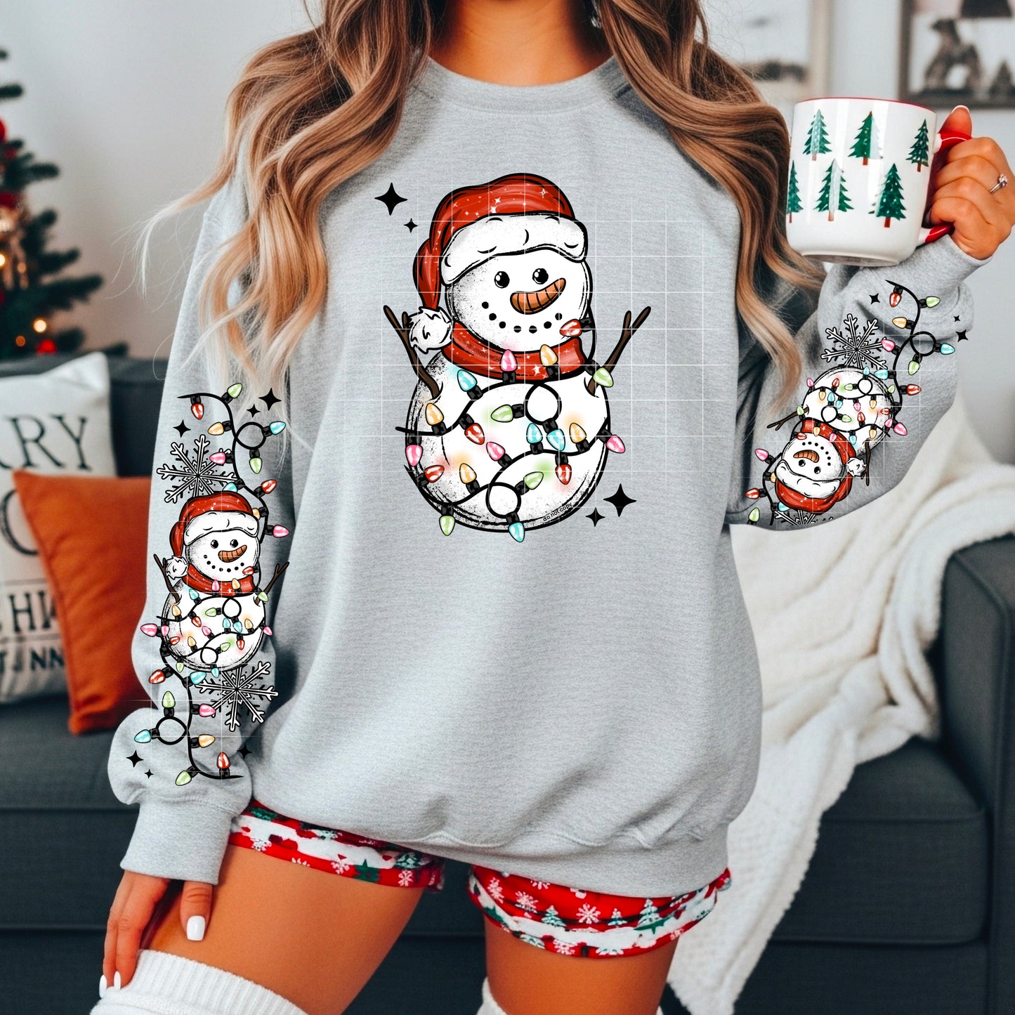 Snowman with lights sweatshirt with sleeve designs