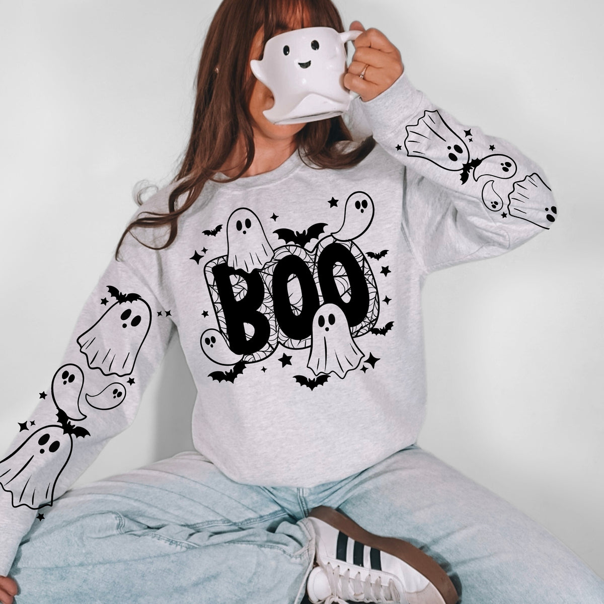 Spiderweb Boo sweatshirt with sleeve designs (Black Ink)