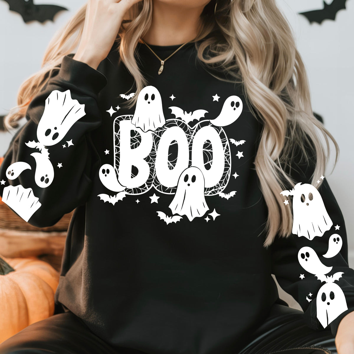 Spiderweb Boo sweatshirt with sleeve designs (White Ink)