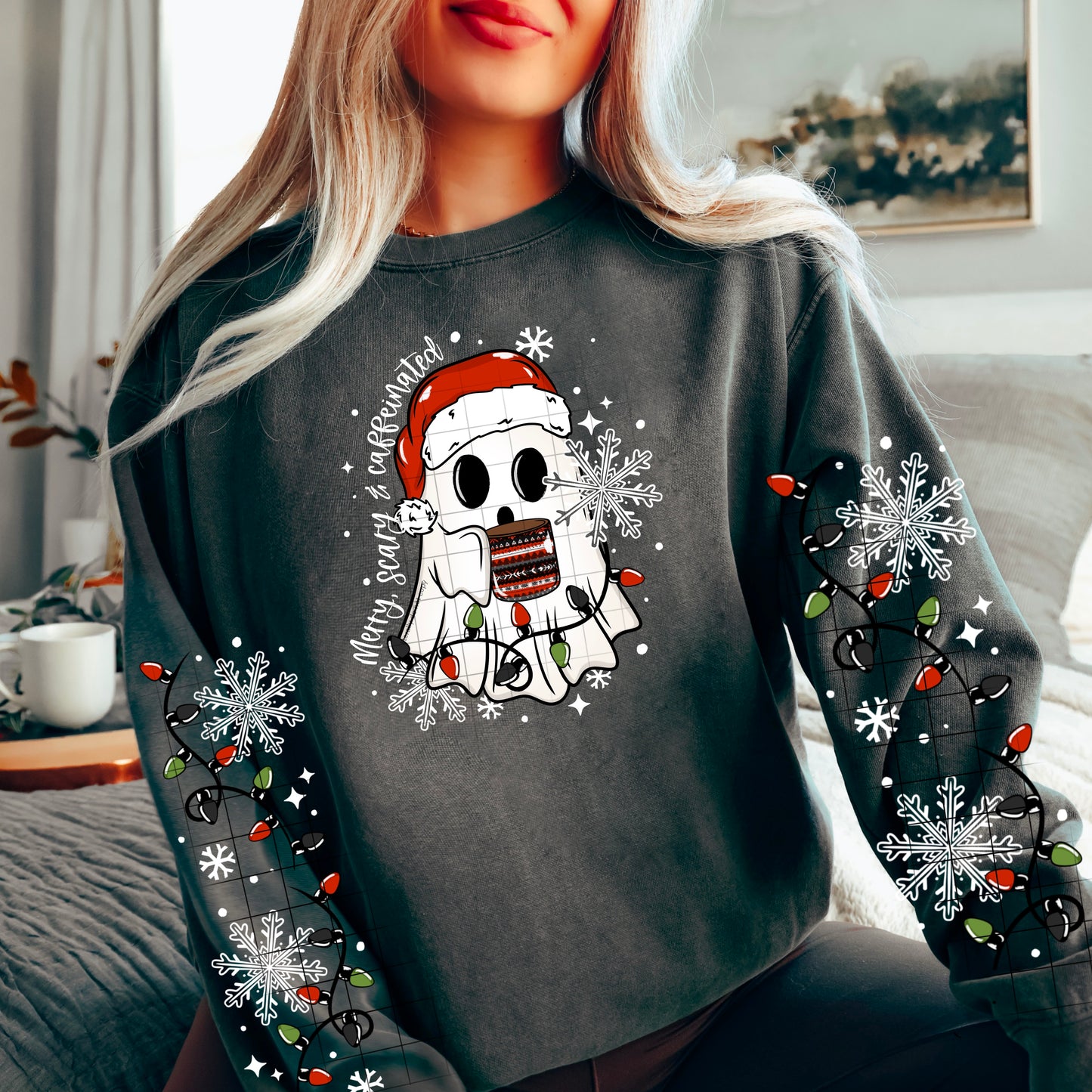 Merry, Scary, and Caffeinated Ghost sweatshirt with sleeve designs