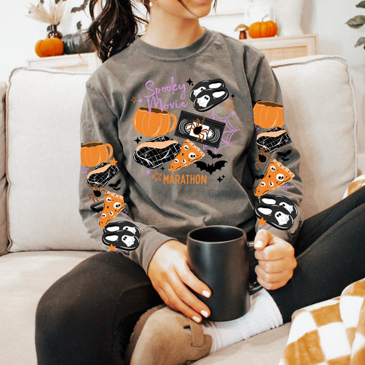 Spooky Movie Marathon sweatshirt with sleeve designs