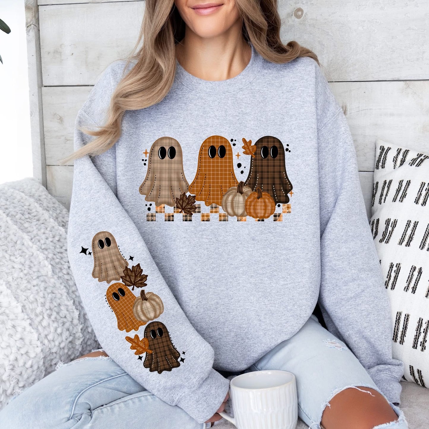 Plaid Fall Ghost Trio sweatsirt w/ sleeve design