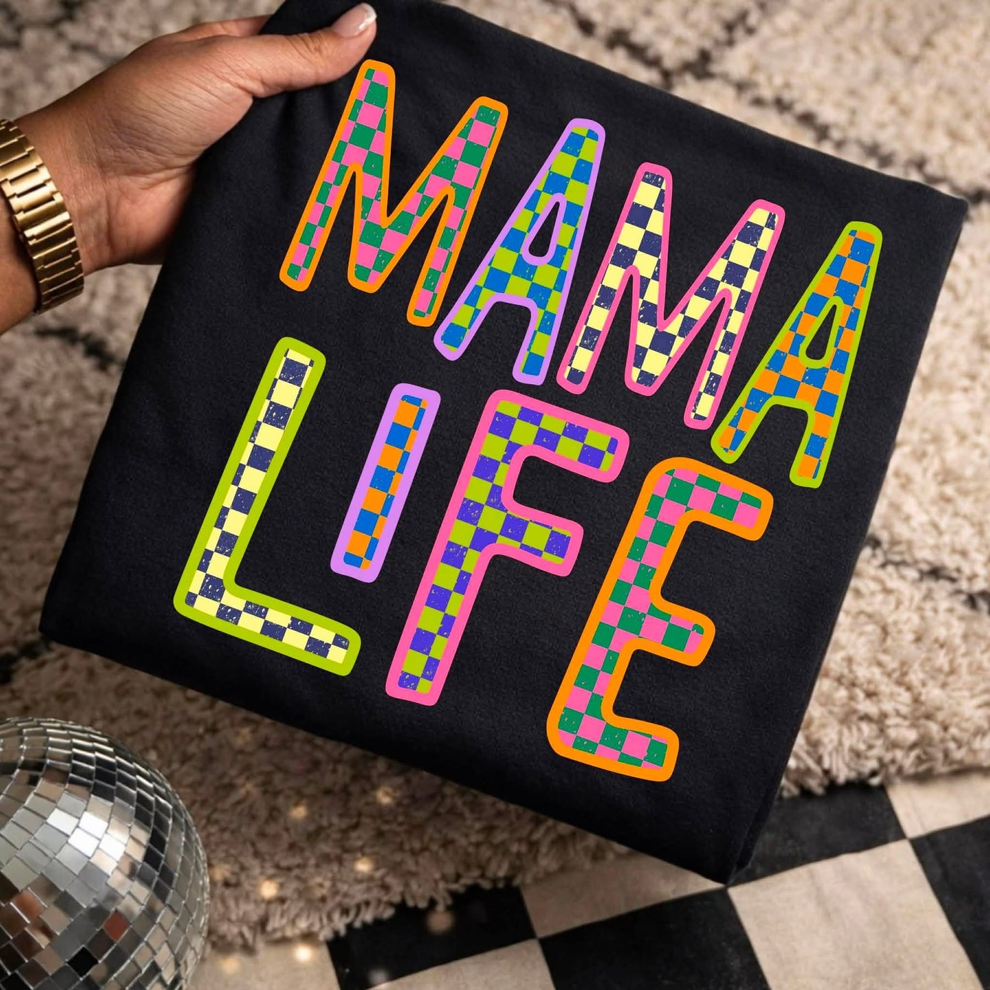 Colorful Checkered Mama Life tee