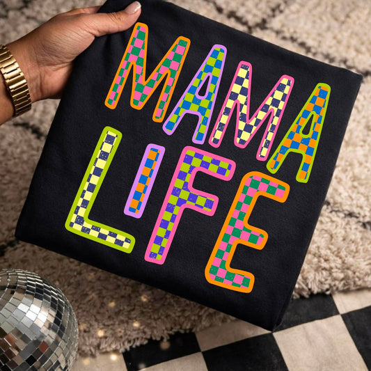 Colorful Checkered Mama Life tee