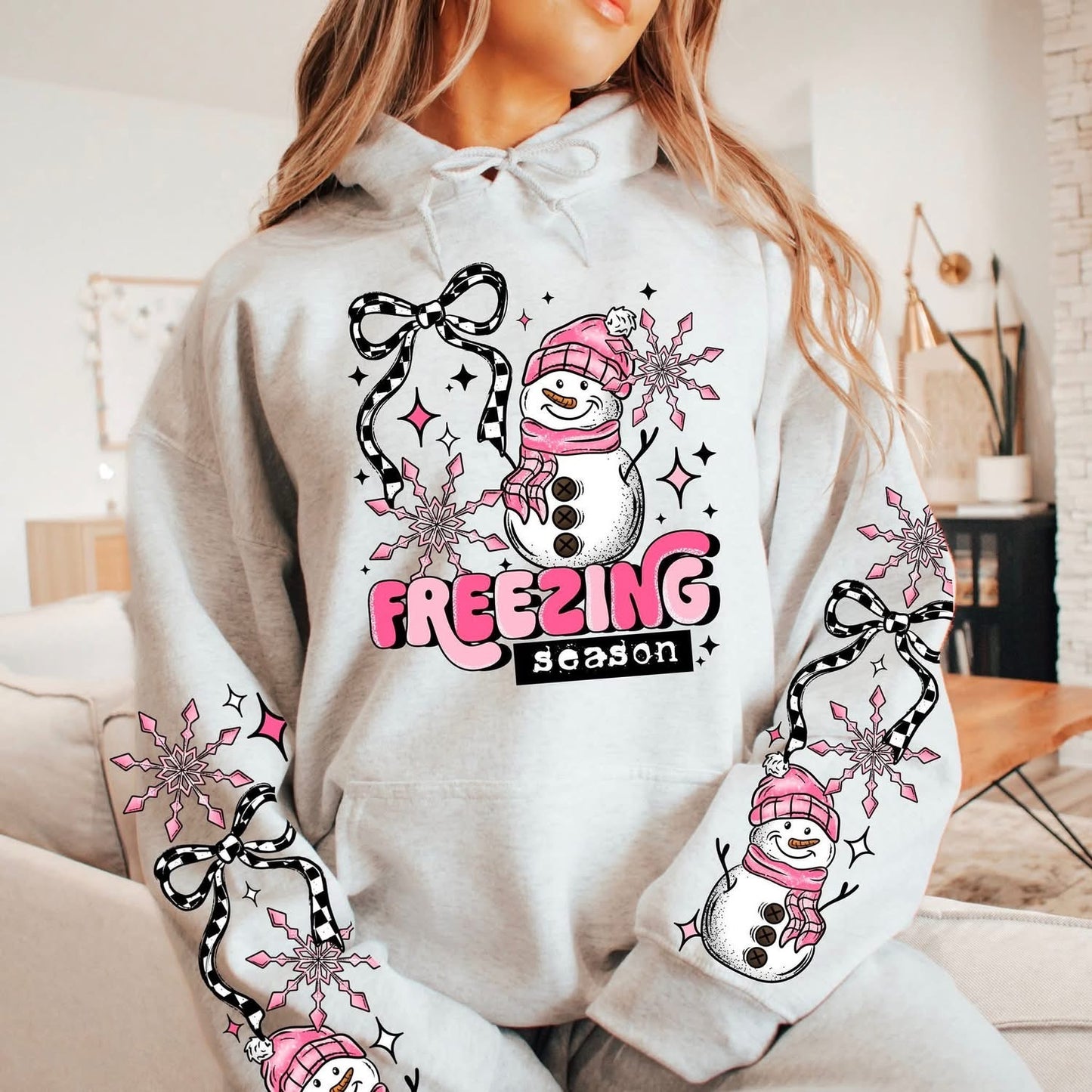 Pink Snowman sweatshirt with sleeve designs