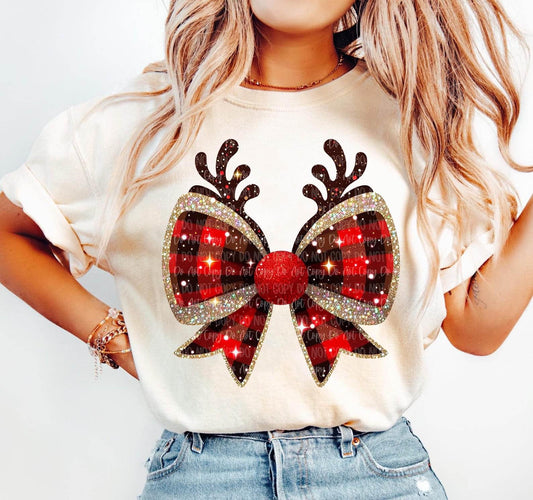 Reindeer Red & Black checkered Bow tee