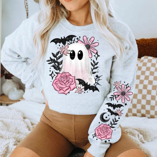 Pink Flower Ghost sweatshirt with sleeve designs