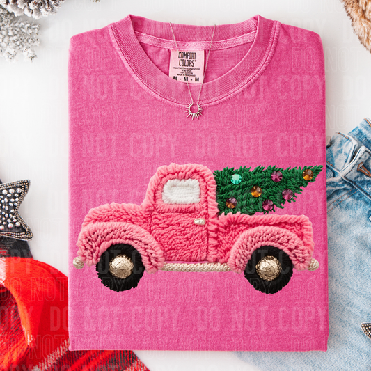 Pink pickup truck faux yarn tee