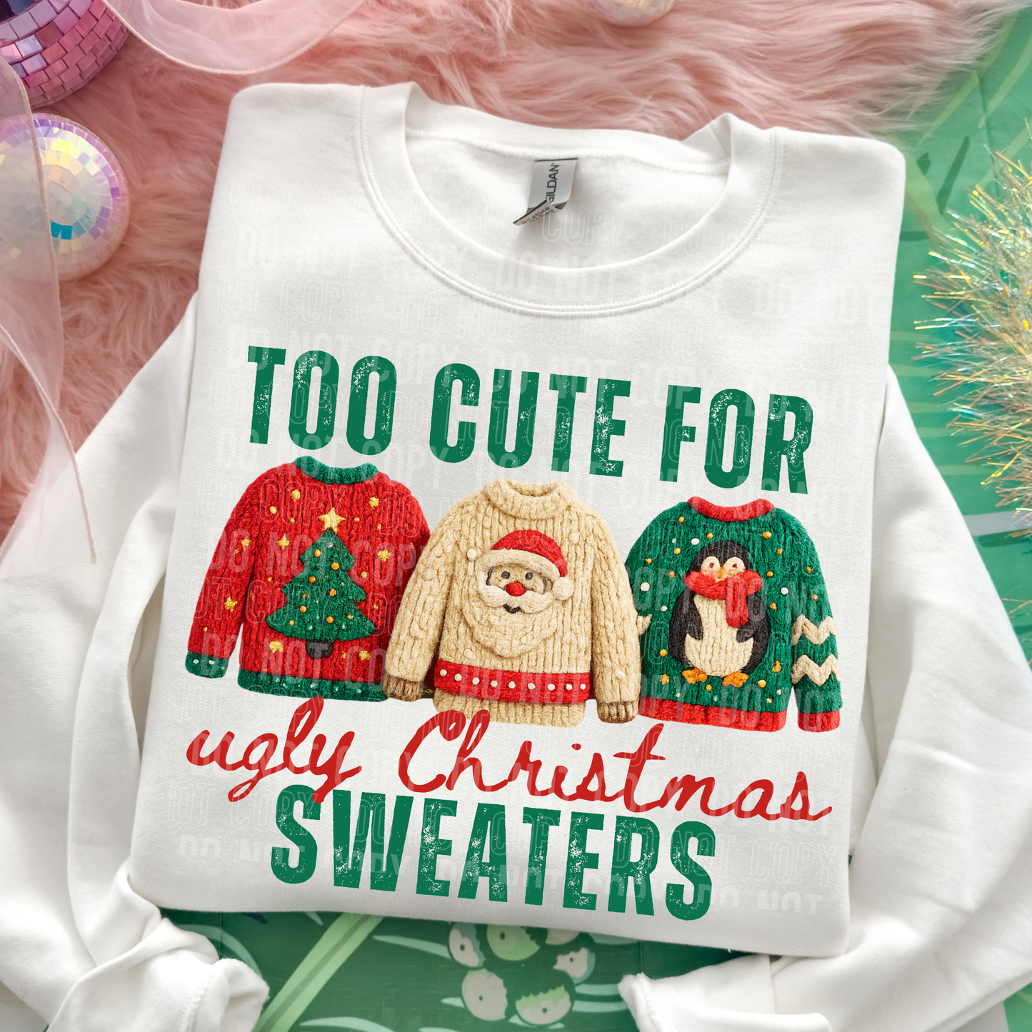 Too cute for Ugly Christmas Sweaters faux yarn tee