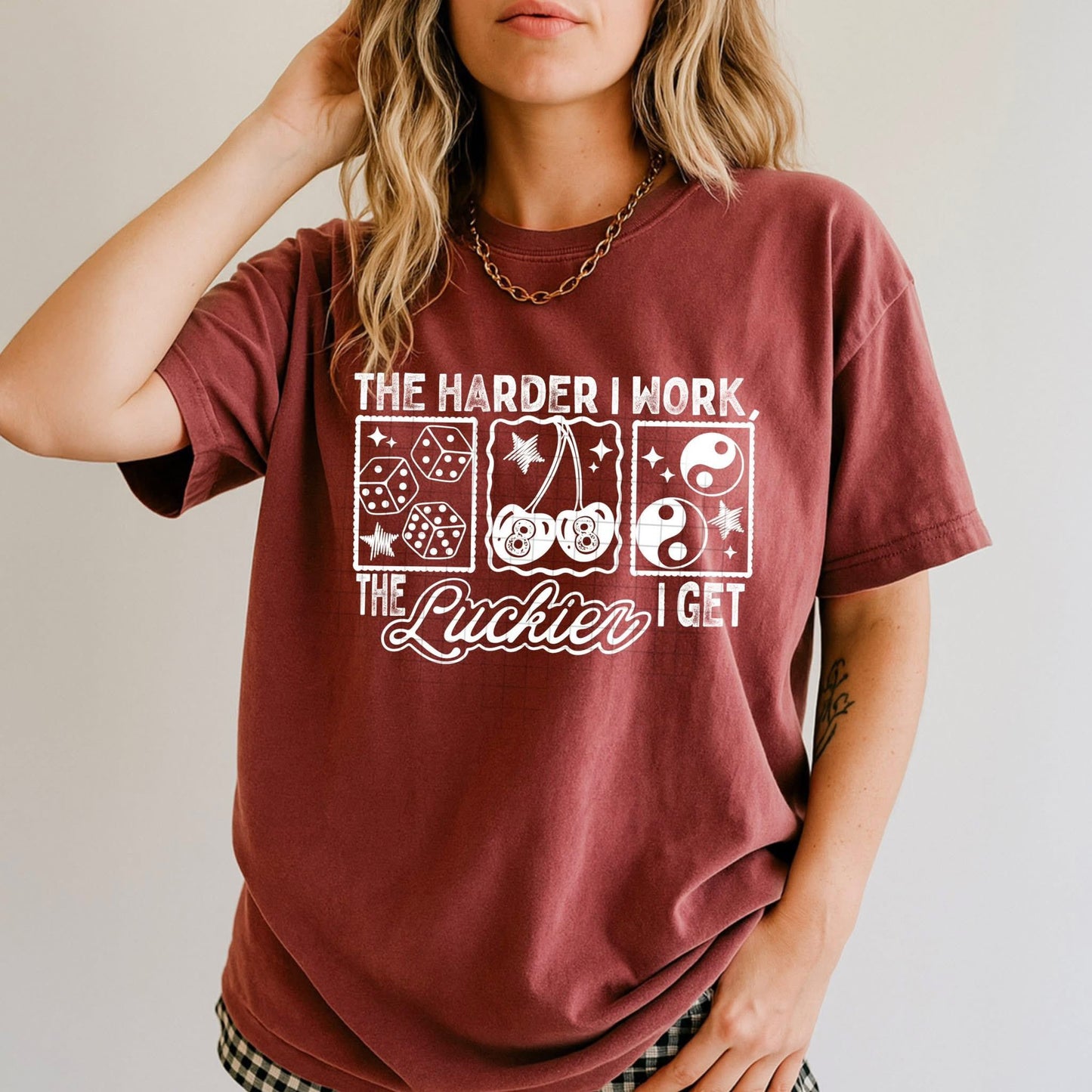 The harder I work the Luckier I get tee (white ink)