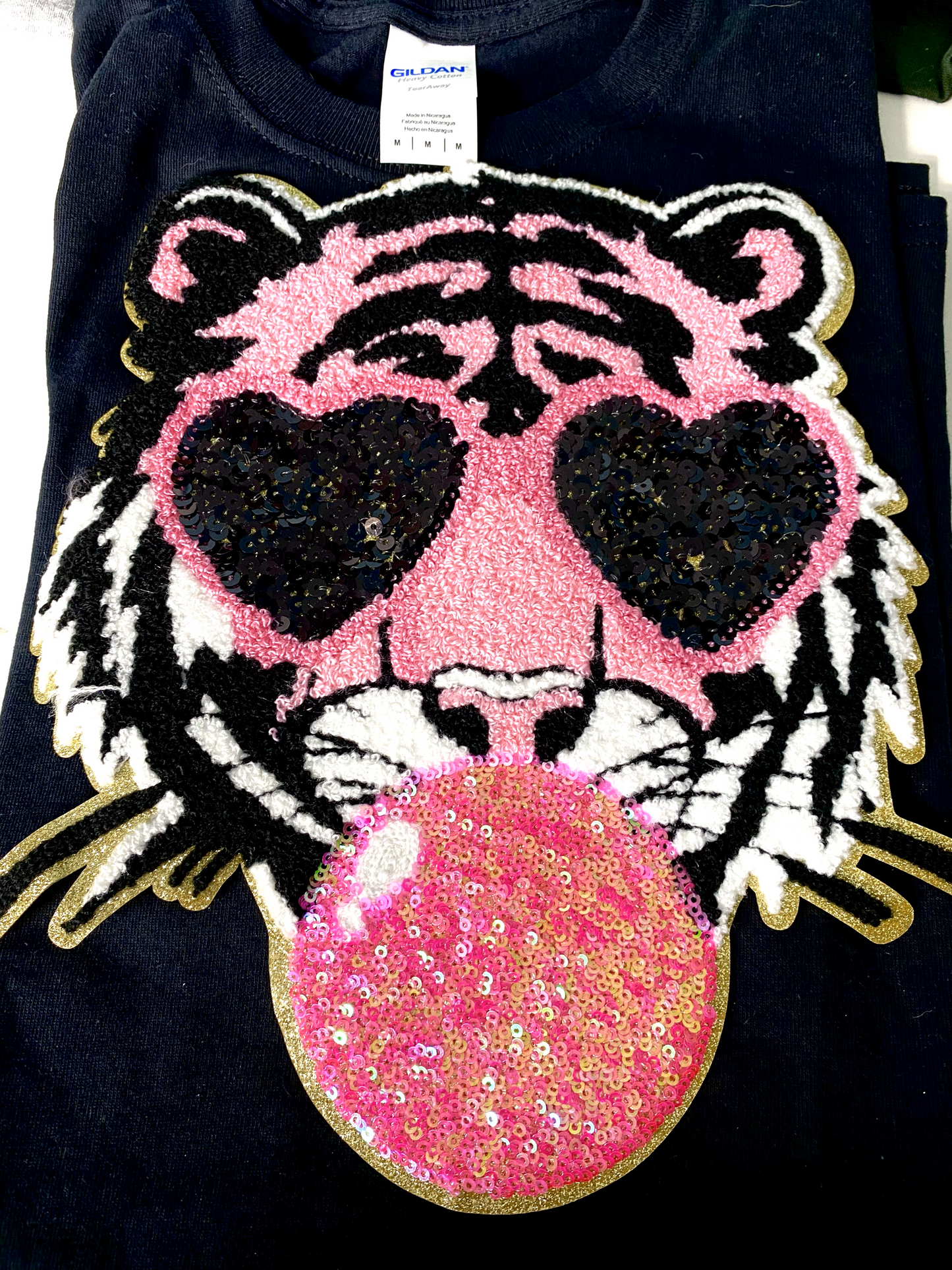 Stunning Pink Sequin and Chanel Tiger Patch sweatshirt